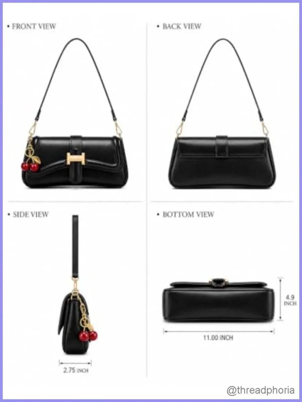 Small Faux Leather Hobo Handbag with 2 Straps and Cherry Charm Crossbody